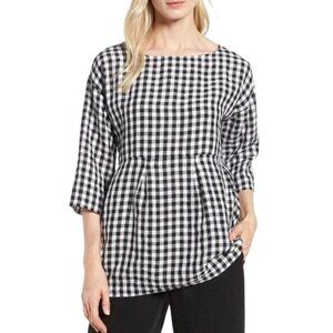 Eileen Fisher Peplum Top Size XS Round Neck 3/4 Sleeve Organic Linen Black White